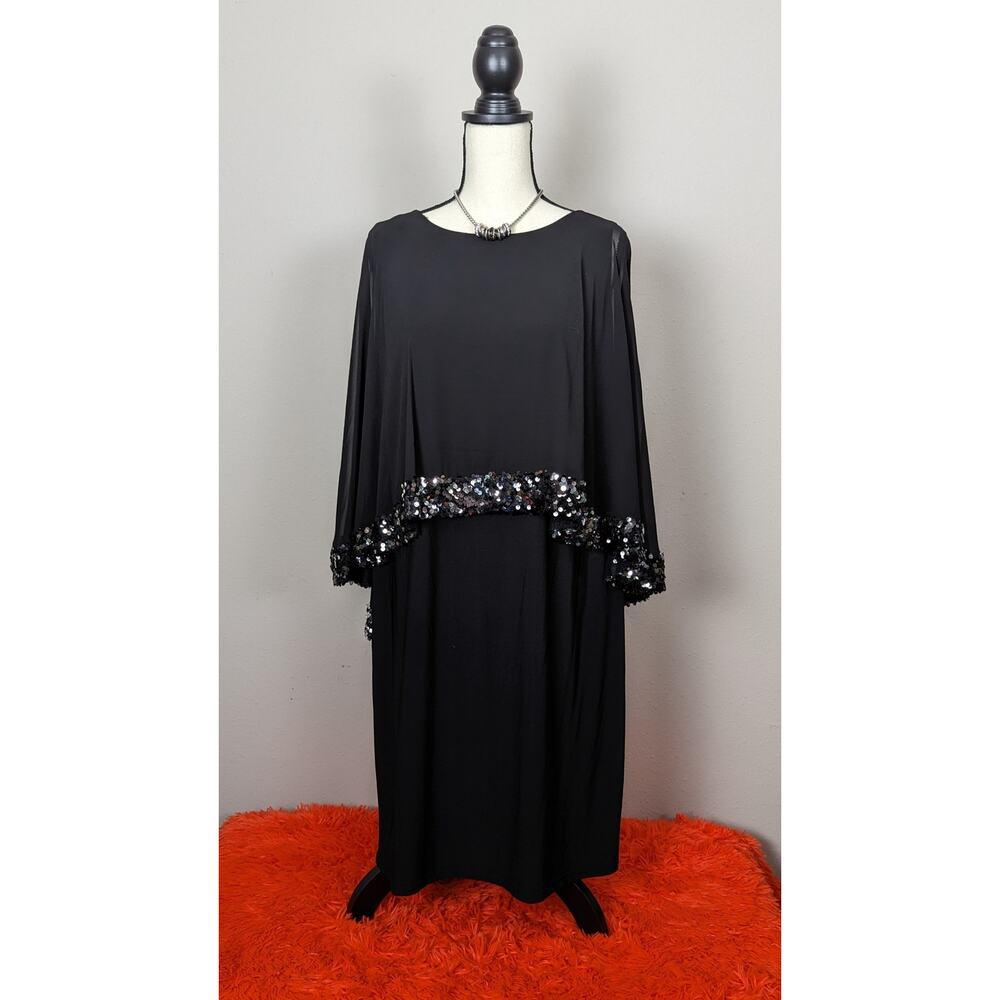 Betsy & Adam Black Sequin Cape Capelet Sleeveless Sheath Evening Gown Dress 16W